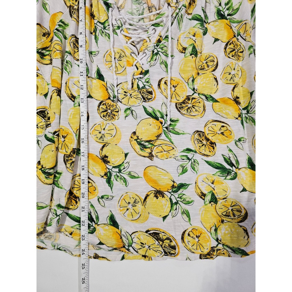Summer Fruit Lemon Print Chaps Lace Up Blouse Womens Large Yellow White - Picture 5 of 6